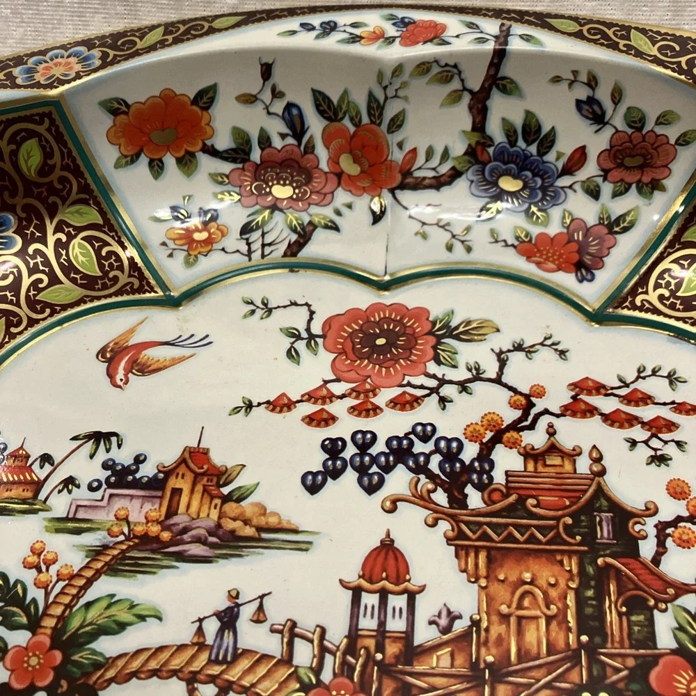 Daher Decorated Ware Tin Bowl Large Oval 13” Gold Floral Scenic 1971 England VTG